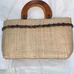 Rattan Woven Handbag With Coconut Shell Beads and Carved Wooden Handles Medium S